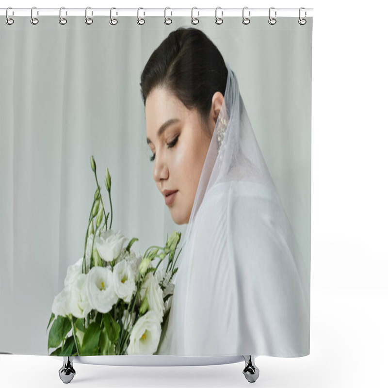 Personality  A Stunning Plus-size Bride In A White Gown Gazes Thoughtfully While Clutching A Bouquet Of White Flowers. Shower Curtains