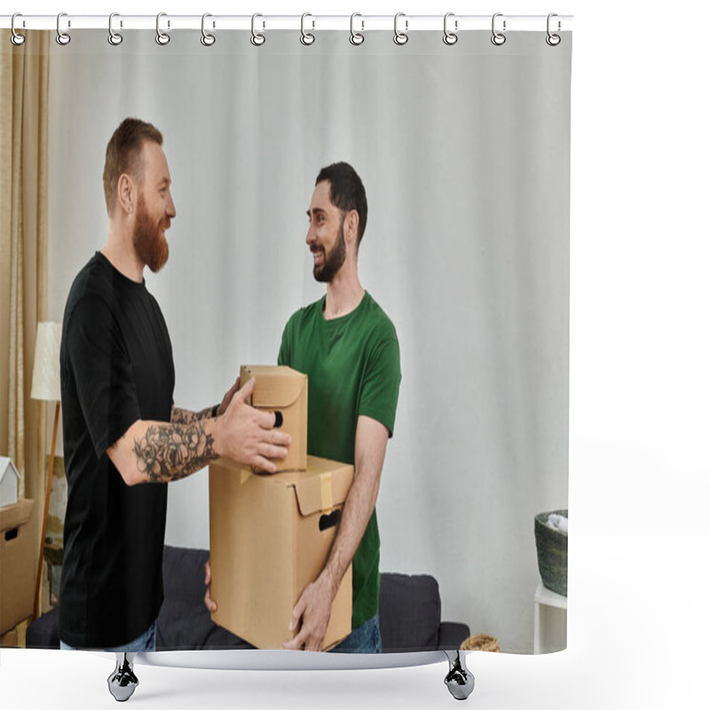 Personality  A Gay Couple In Love Stands In Their Living Room, Holding A Cardboard Box, Ready To Start Their New Life Together. Shower Curtains