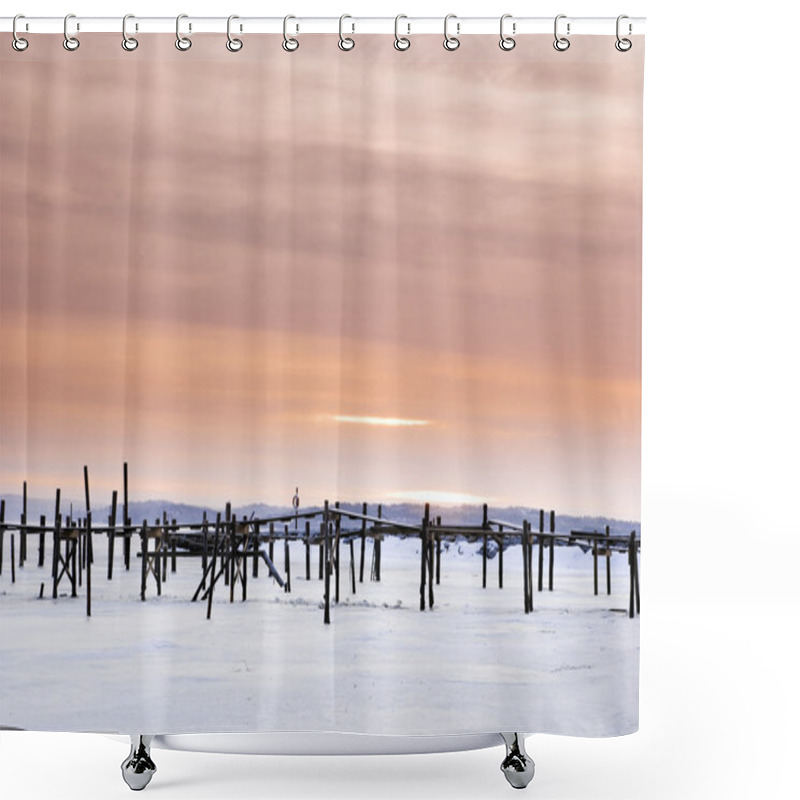 Personality  Red Sky And Wood Pier On The Onsala Fjord Shower Curtains