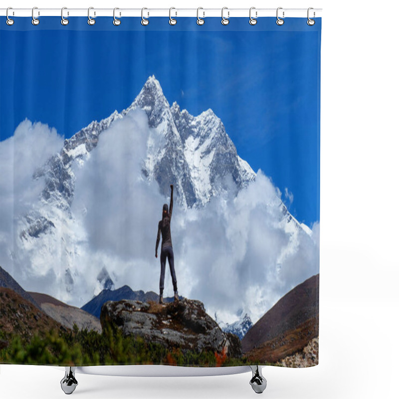 Personality  Active Hiker Hiking, Enjoying The View, Looking At Mount Everest Landscape. Travel Sport Lifestyle Concept Shower Curtains