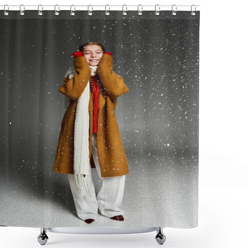 Personality  A Cheerful Girl Wearing Warm Clothes Enjoys The Enchanting Snowfall, Embodying Winter Joy. Shower Curtains