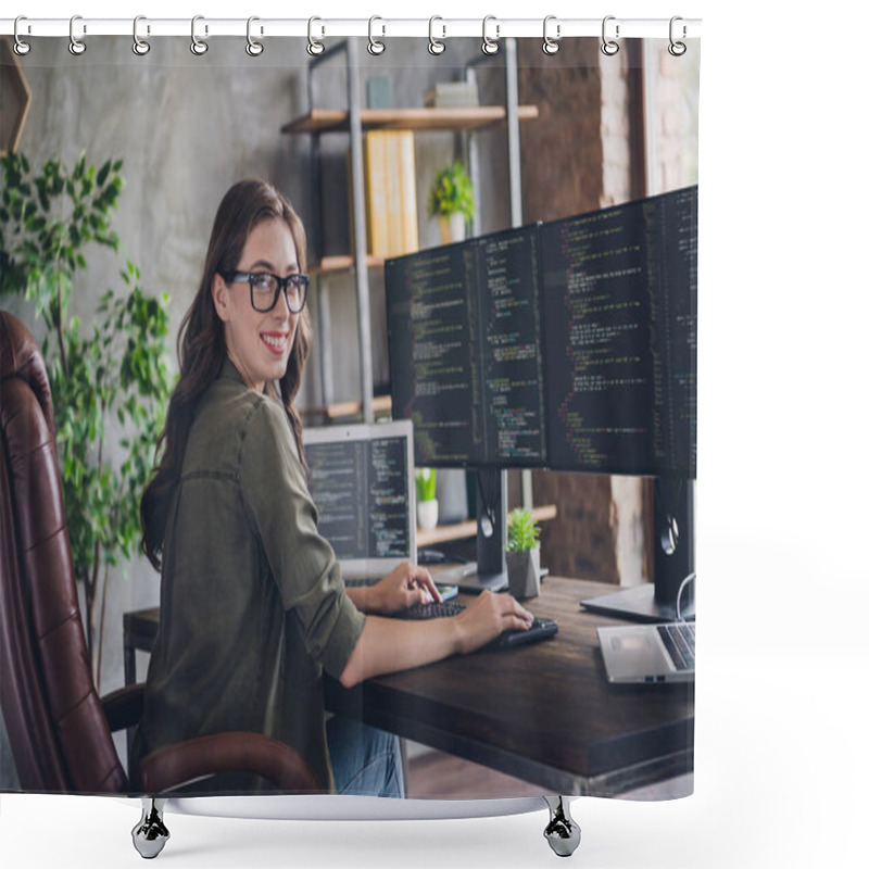 Personality  Photo Of Smiling Lady Specialist Computer Sphere Working Home Write Site Research Program Server Operating System Office Indoor Workstation. Shower Curtains