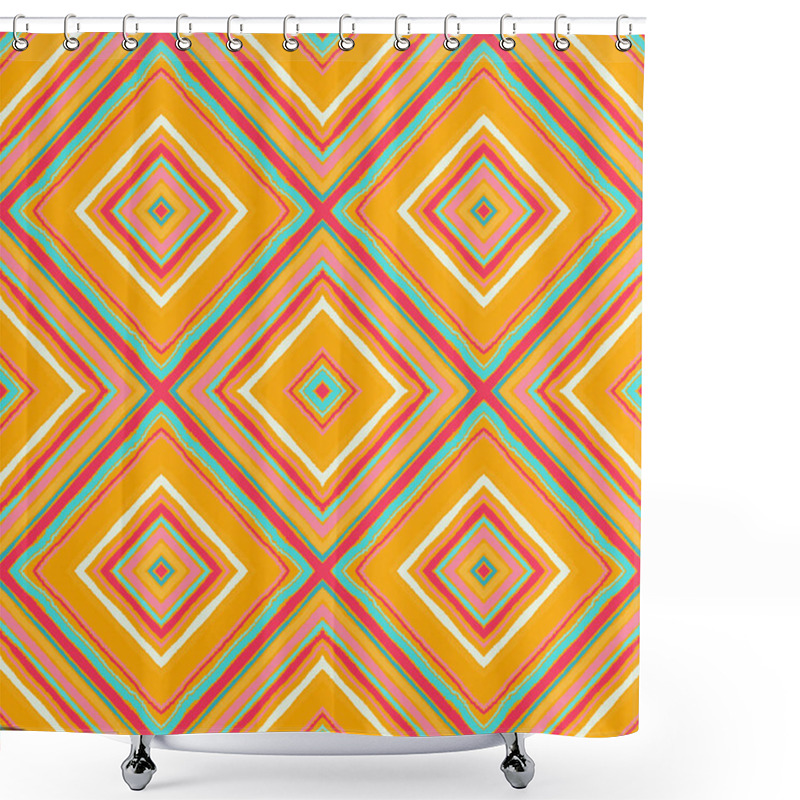 Personality  Striped Diagonal Rectangle Seamless Pattern. Square Rhombus Lines With Torn Paper Effect. Ethnic Background. Yellow, Pink, Orange, Blue, White Colors. Vector Shower Curtains