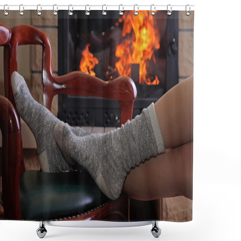 Personality  Female Feet In Comfortable Warm Wool Socks. Yong Woman Relawing Enjoying Near  Fireplace. Cozy Winder. Christmas  Holidays Concept. Shower Curtains