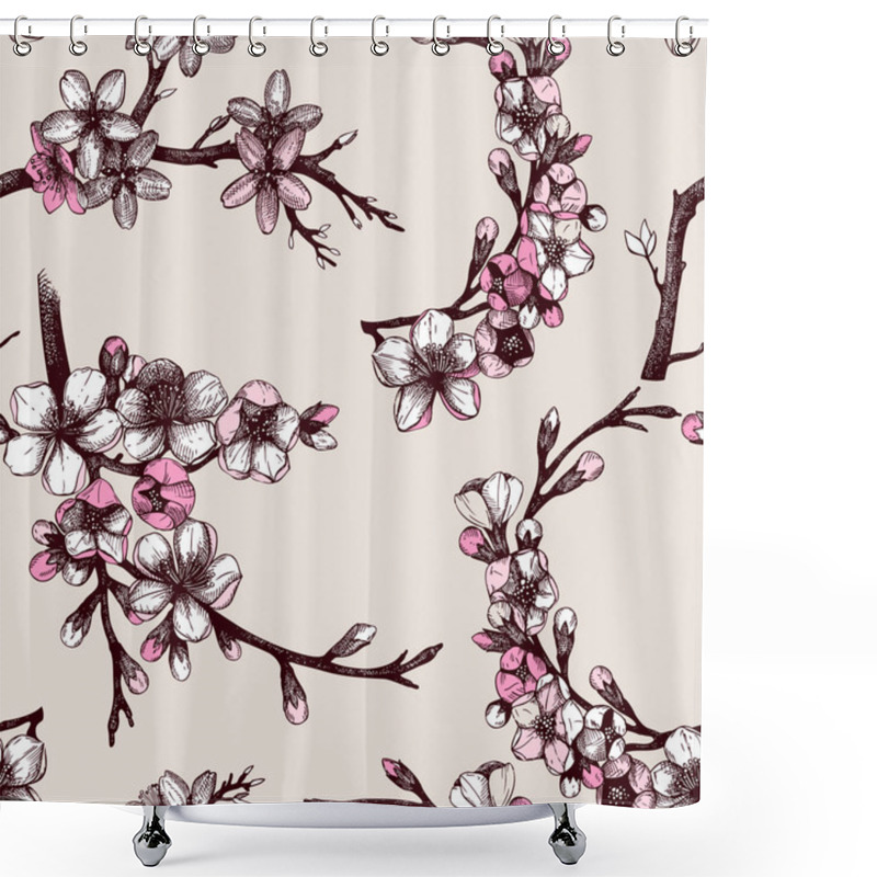 Personality  Seamless Pattern With Hand Drawn Blooming Fruit Tree Twig Shower Curtains