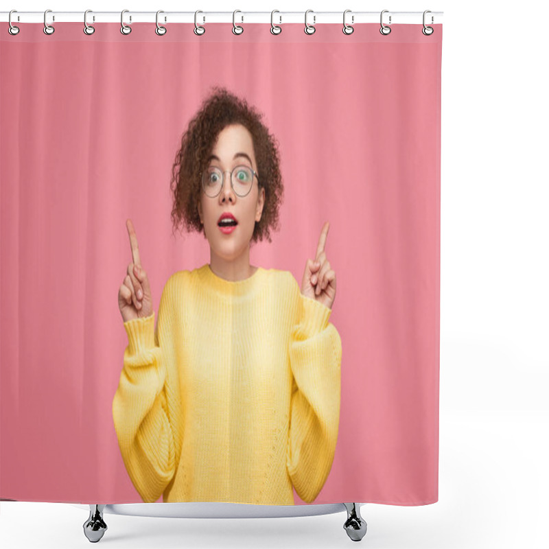 Personality  Amazed Woman Pointing Up In Studio Shower Curtains