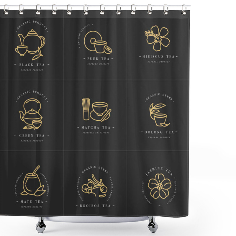 Personality  Vector Set Design Golden Templates Logo And Emblems - Organic Herbs And Teas . Different Teas Icon. Logos In Trendy Linear Style Isolated On White Background. Shower Curtains