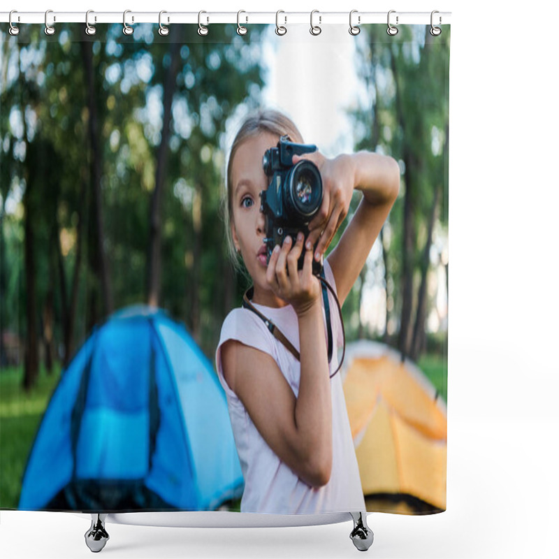 Personality  Surprised Kid Holding Digital Camera While Taking Photo Near Camps  Shower Curtains