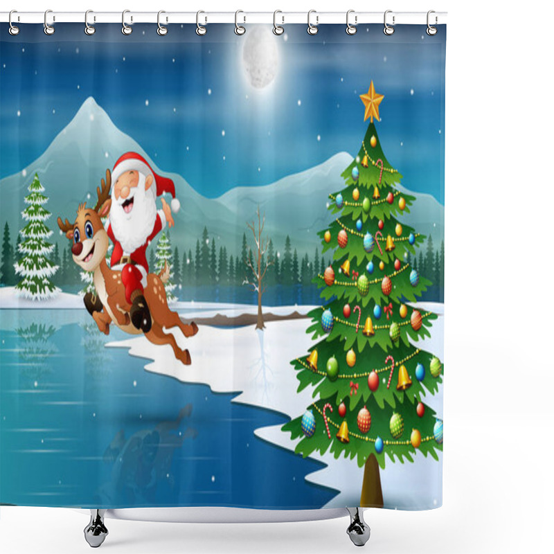 Personality  Happy Santa Claus Riding A Reindeer On Christmas Night Shower Curtains