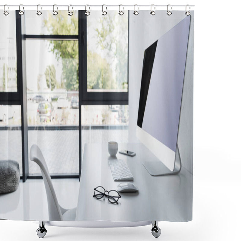 Personality  Workplace With Computer In Modern Office Shower Curtains