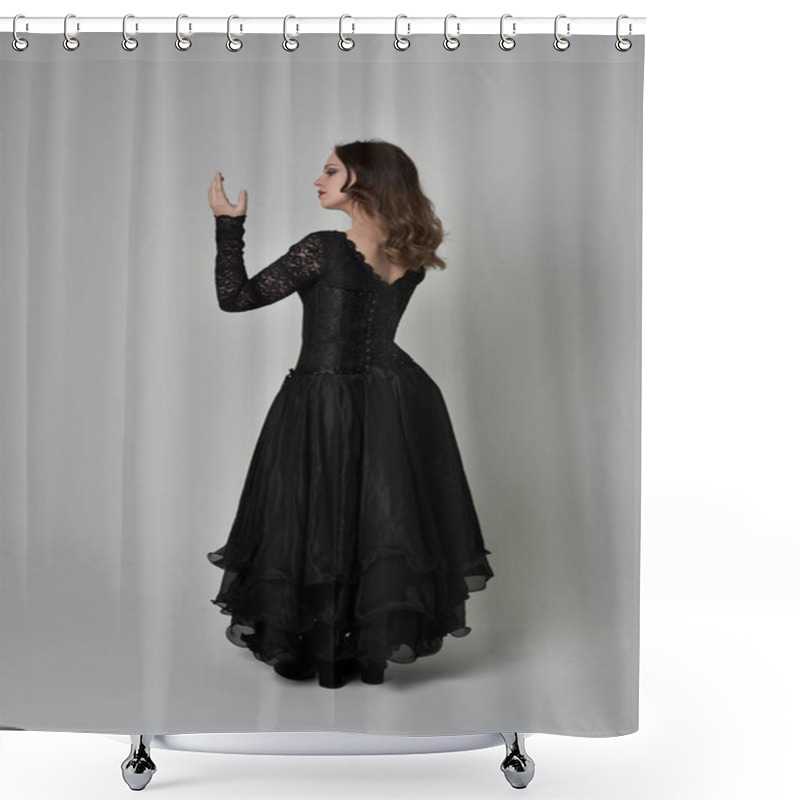 Personality  Full Length Portrait Of Brunette Girl Wearing Long Black Lace Gown Wit Corset. Standing Pose With Back To The Camera. Isolated On Grey Studio Background. Shower Curtains