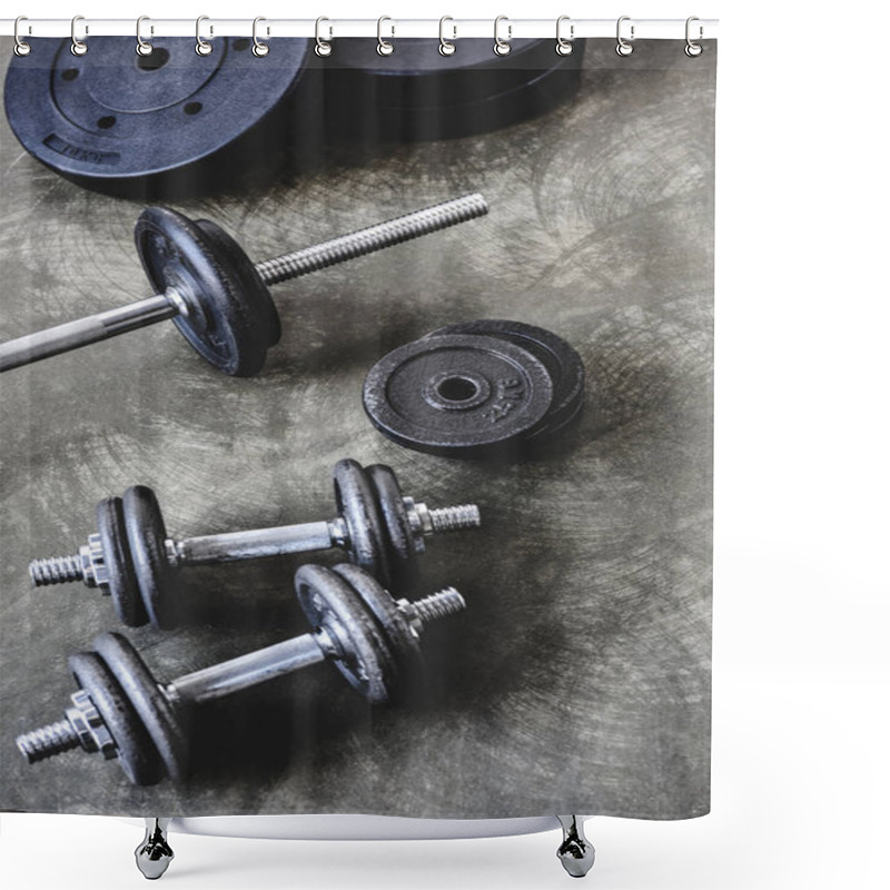 Personality  High Angle View Of Various Gym Equipment On Concrete Surface Shower Curtains