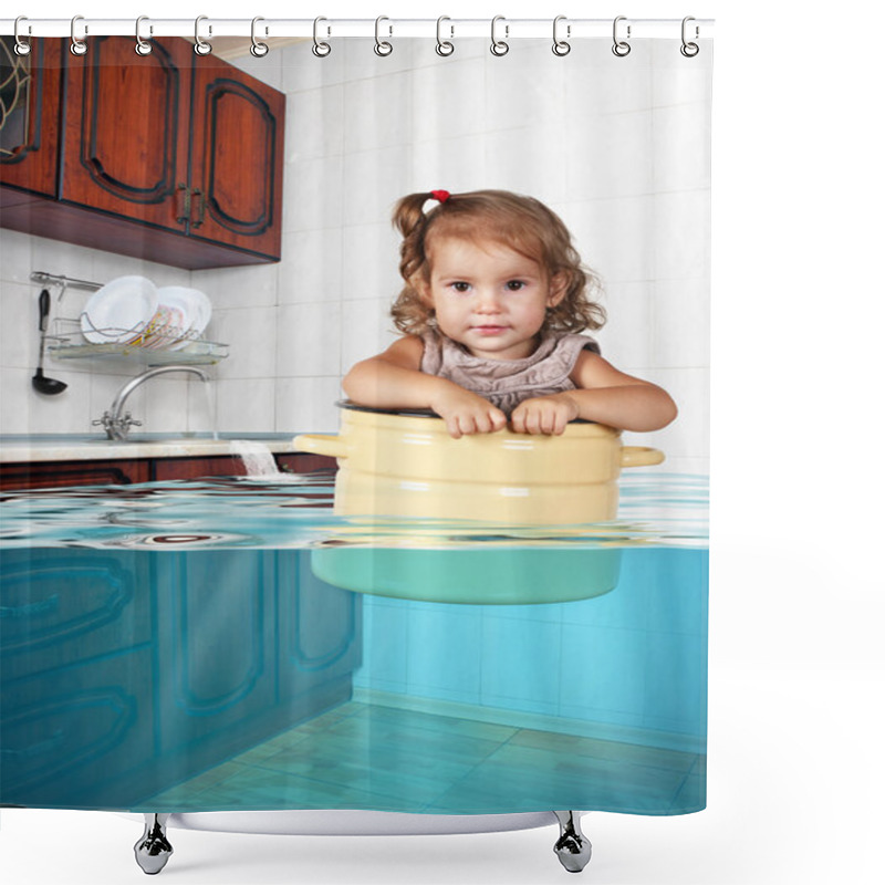 Personality  Funny Little Girl Swim In Pan In The Flooded Kitchen, Making Mes Shower Curtains