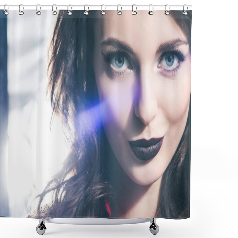 Personality  Headshot Of Beautiful Girl With Dark Lips Looking At Camera Shower Curtains