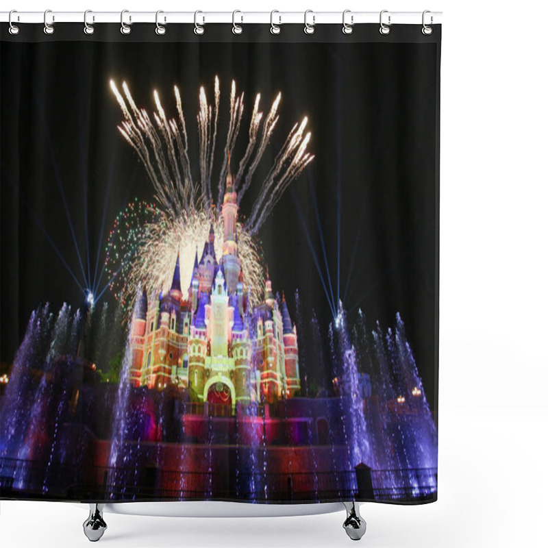 Personality  Fireworks Explode Over The Disney Castle During The First Anniversary Celebration Ceremony In The Shanghai Disneyland At The Shanghai Disney Resort In Pudong, Shanghai, China, 16 June 2017 Shower Curtains