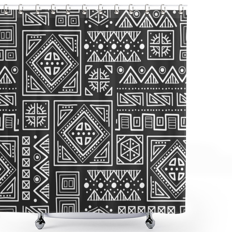 Personality  Mayan Patchwork Seamless Pattern. Tribal Geometric Vector Swatch. Zigzag Background For Cover Design. Retro Chevron Line Vector Print. Navajo Ornamental Texture. Black And White Colors. Shower Curtains