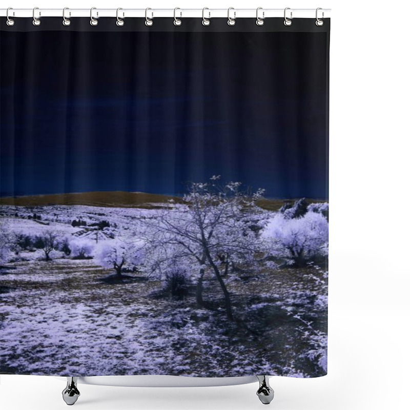 Personality  A Serene Winter Landscape With Snow-covered Trees Under A Dark, Starry Sky. Shower Curtains