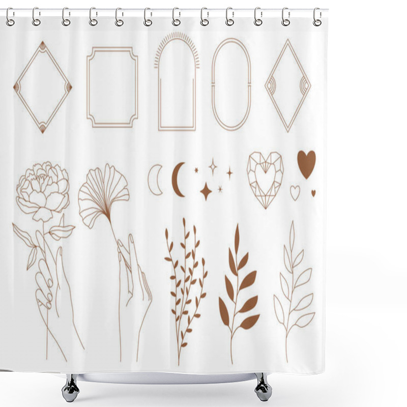 Personality  Set Of Minimal Boho Linear Symbols. Celestial Concept. Frame, Arch, Hands, Florals, Sun, Stars And Moon Elements. Vector Bohemian Design Collection For Logo Design, Social Media Posts, Stories. Branding.  Shower Curtains