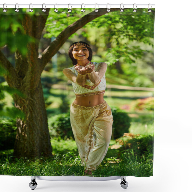 Personality  Overjoyed, Authentic Style Woman Looking At Camera And Pointing With Hands On Green Lawn Under Tree Shower Curtains