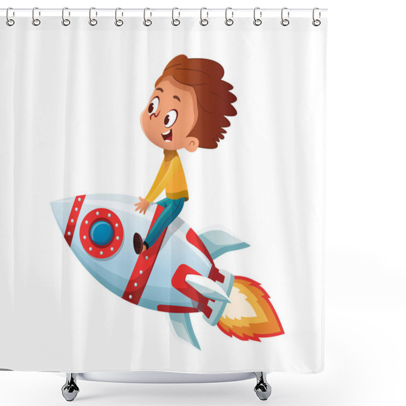 Personality  Happy Boy Playing And Imagine Himself In Space Driving An Toy Space Rocket. Vector Cartoon Illustration. Isolated Shower Curtains