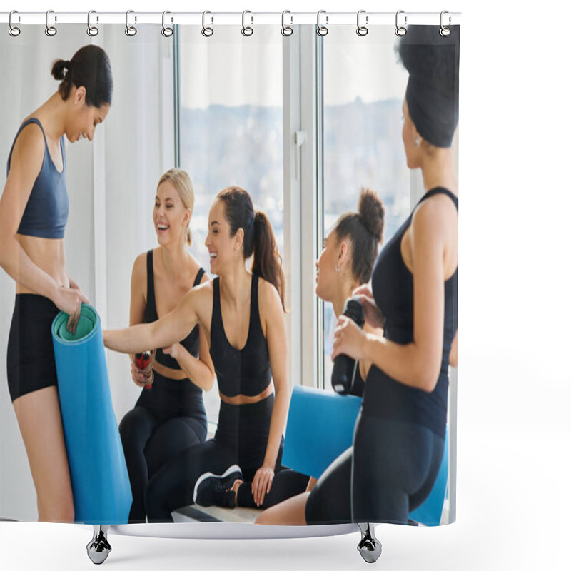 Personality  Cheerful Interracial Young Women In 20s Chatting While Sitting Next To Window In Pilates Studio Shower Curtains