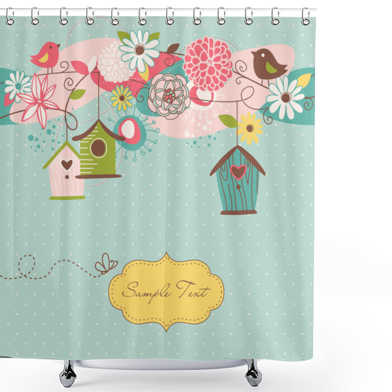 Personality  Beautiful Spring Background With Bird Houses, Birds And Flowers Shower Curtains