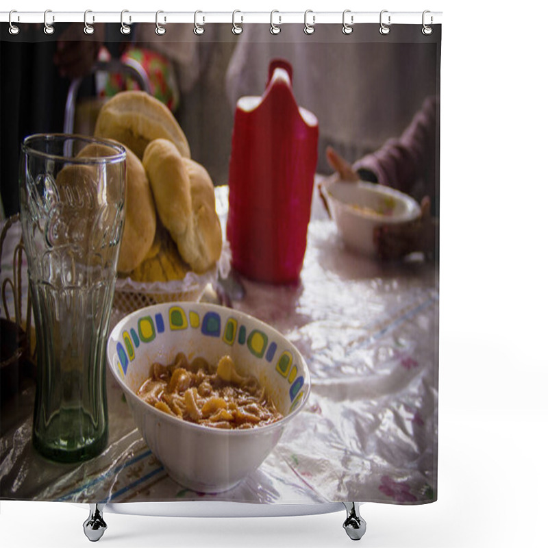 Personality  Rural Scene Of A Mexican Family Meal With Soup And Bread. Shower Curtains