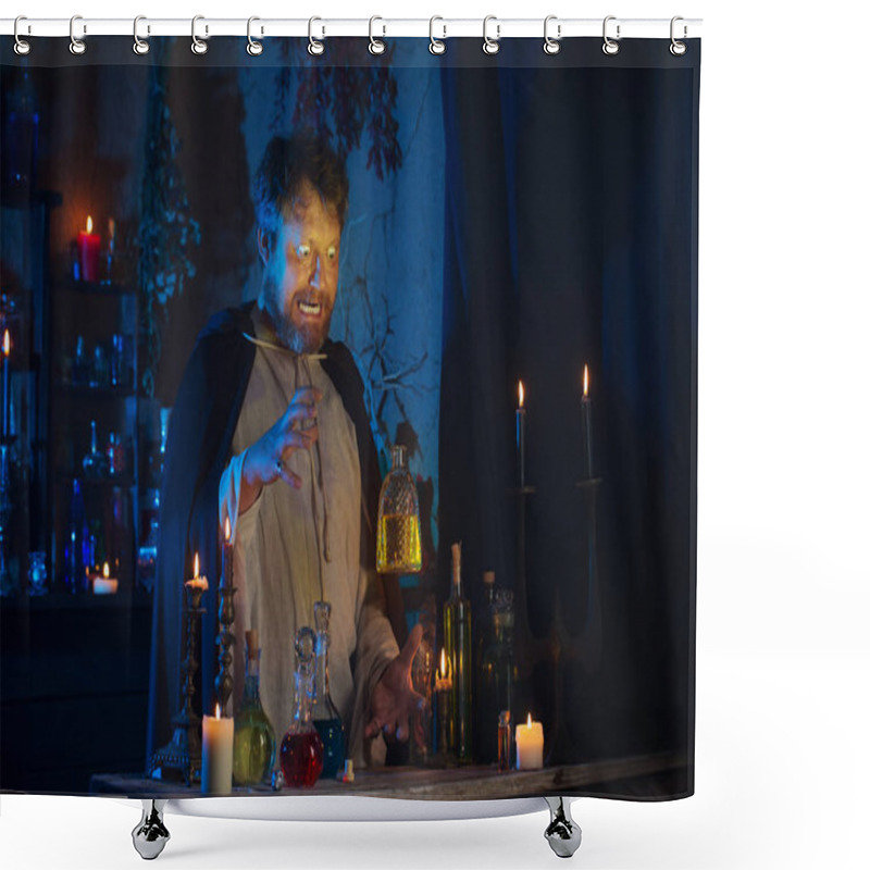 Personality  Portrait Of  Wizard With Burning Candles And Magic Potions Shower Curtains