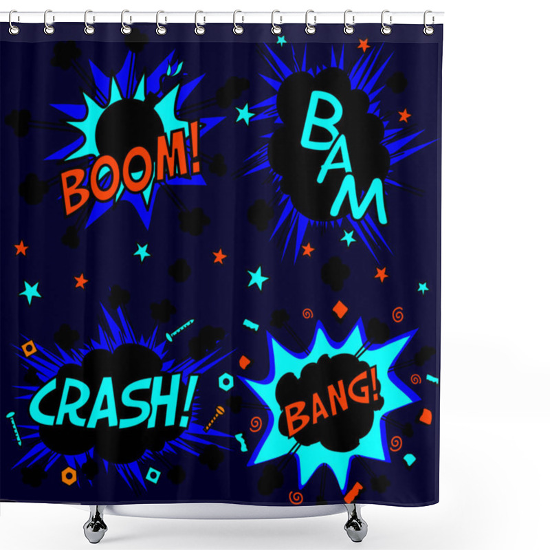 Personality  Crash, Boom, Bam And Bang! Four Grouped Comic Book Cloud Bursts And Explosions Shower Curtains