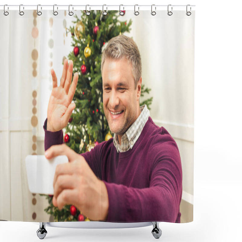 Personality  Man Taking Selfie With Smartphone Shower Curtains