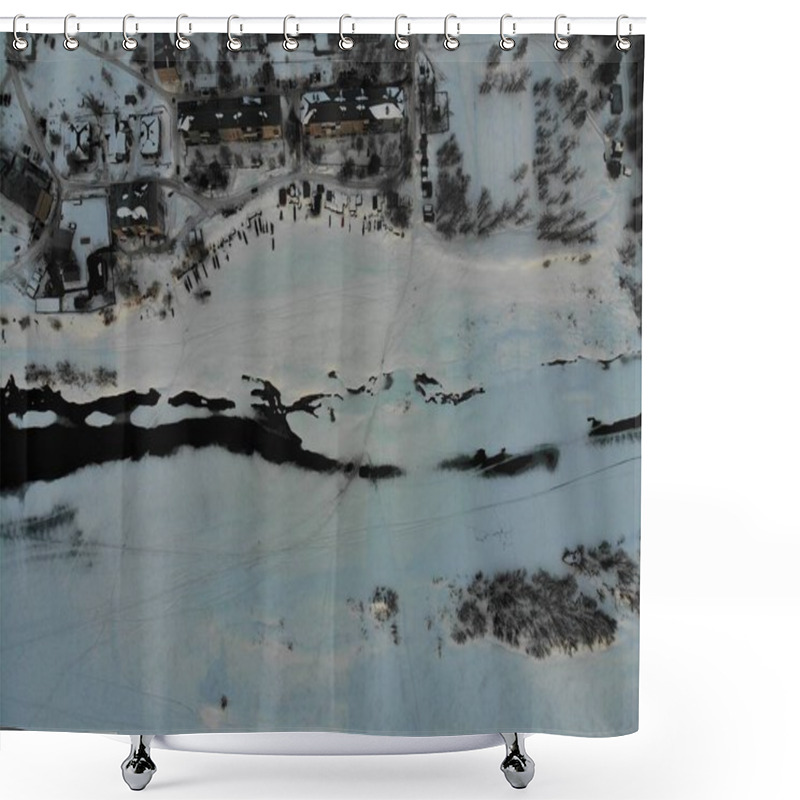 Personality  Icy River In Winter Season Near Town Shower Curtains