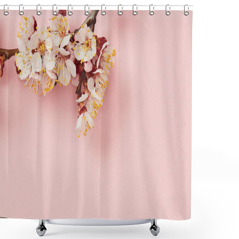 Personality  Top View Of Tree Branch With Blooming Flowers On Pink Background Shower Curtains