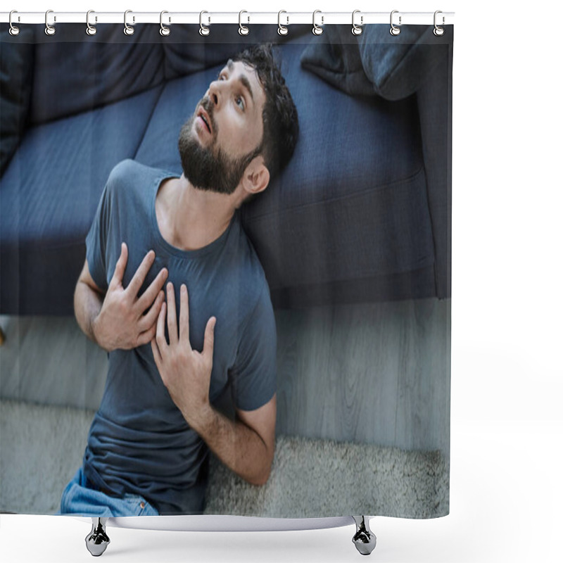 Personality  Ill Traumatized Man With Beard In Home Wear Having Severe Panic Attack, Mental Health Awareness Shower Curtains