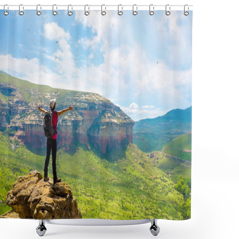 Personality  Tourist Contemplating Mountain View. Shower Curtains