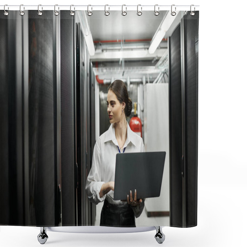 Personality  An IT Specialist Navigates Through A Modern Server Room, Handling Technology With Expertise. Shower Curtains