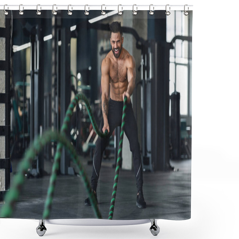 Personality  Naked Muscular Man Exercising With Battle Ropes At Gym Shower Curtains