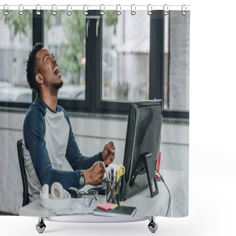 Personality  Angry African American Programmer Gesturing While Sitting At Workplace In Office Shower Curtains