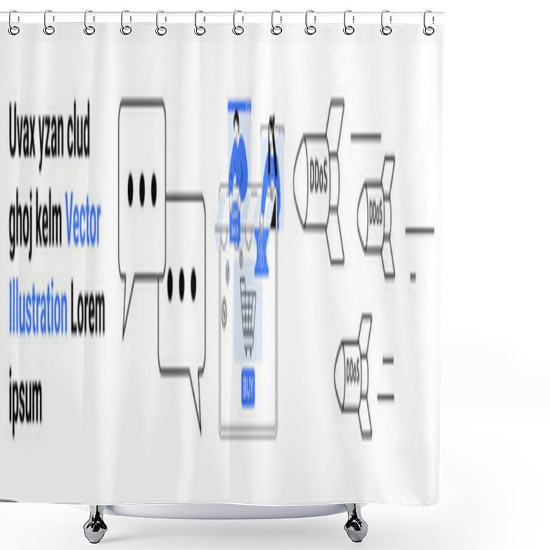 Personality  Speech Bubbles, A Shopping Cart On A Computer Screen, And Missiles Labeled DDoS Represent Online Communication And Threats. Ideal For E-commerce Security, Cyberattack Prevention, Online Safety Shower Curtains