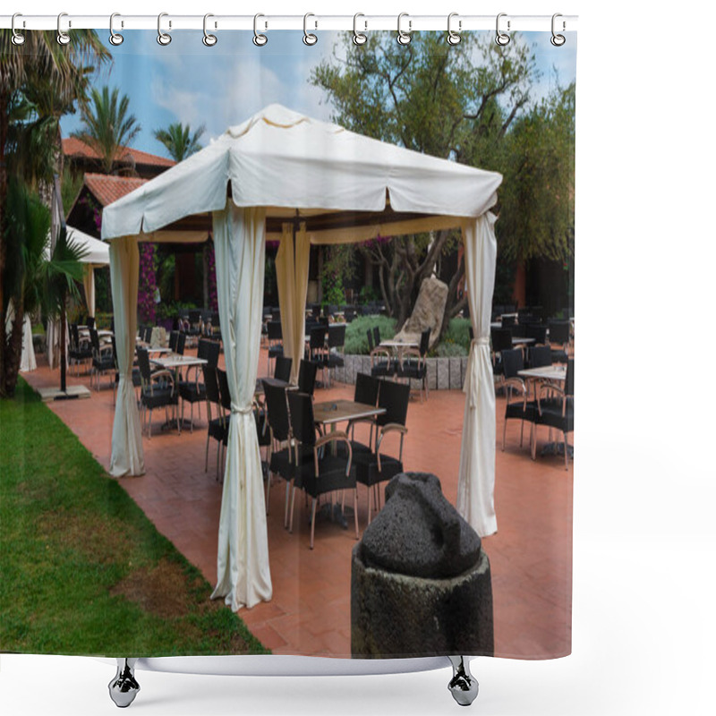 Personality  Chairs And Tables Under Gazebo With White Tent Shower Curtains