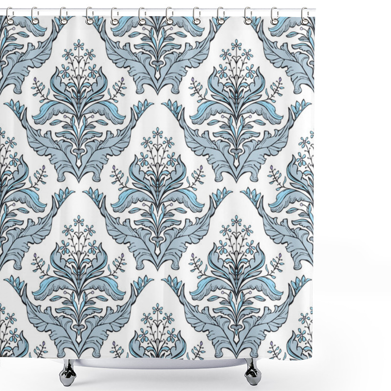 Personality  Classic Floral Damask Pattern In Blue And White Shower Curtains