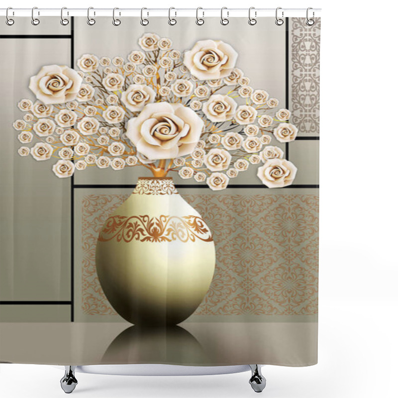 Personality  3d Illustration Vases .golden Tree Of Flowers And Light Background .canvas Art For Wall Frame . Shower Curtains