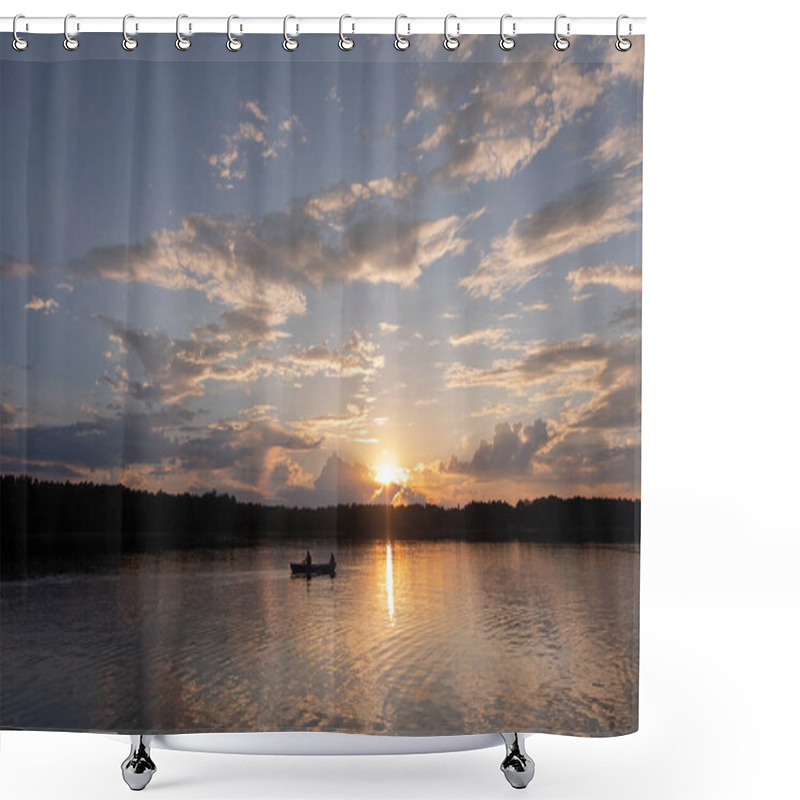 Personality   Beautiful Summer Sunset On The Lake With A Floating Boat With People Shower Curtains