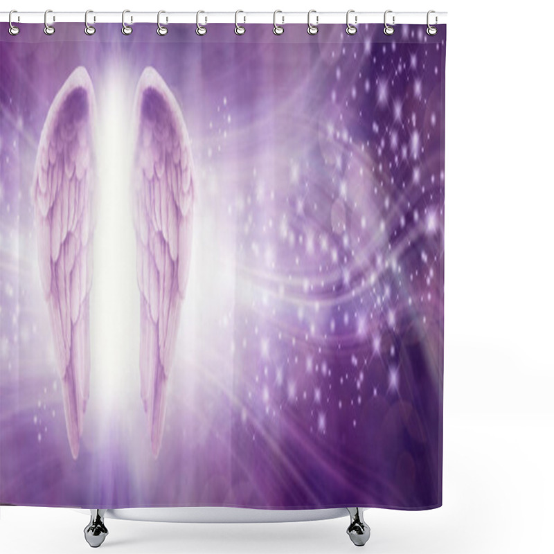 Personality  Purple Sparkle Angel Wings Message Board - Pair Of Angel Wings On Left Side With A Whoosh Of Wavy Lines And Sparkles On A Purple Background With Copy Space Shower Curtains