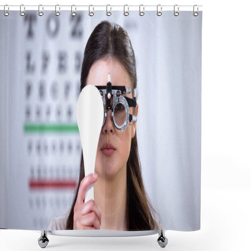 Personality  Girl In Refractor Closing One Eye, Ophthalmologist Appointment, Vision Check-up Shower Curtains