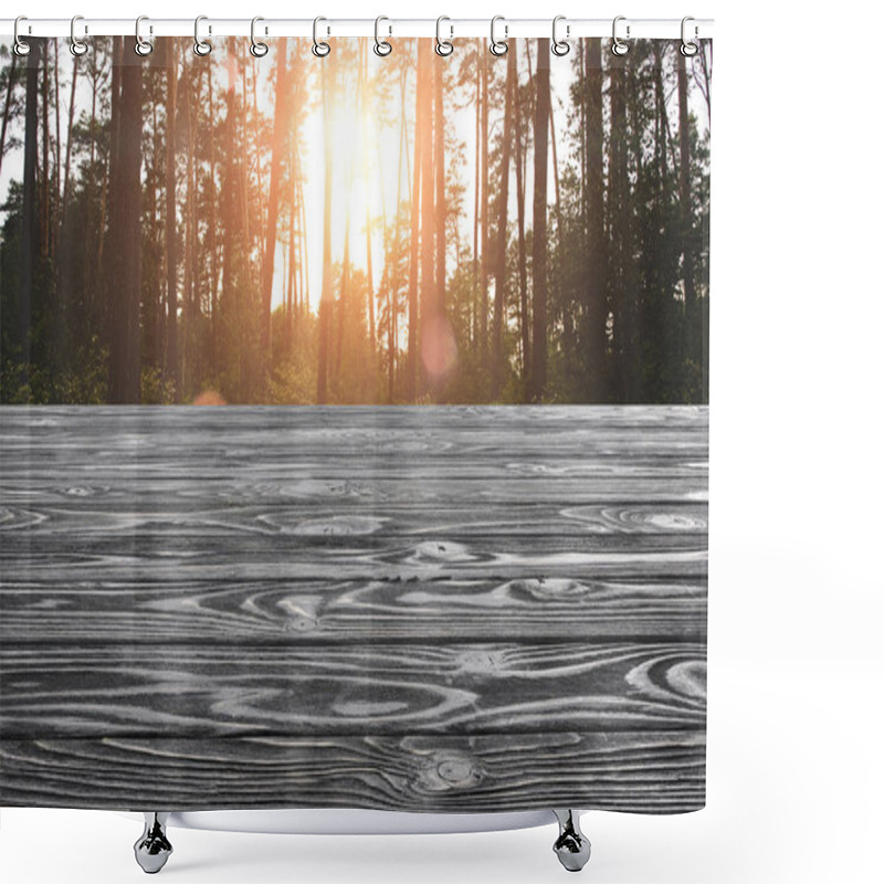 Personality  Template Of Grey Wooden Floor With Pine Tree Forest On Background Shower Curtains