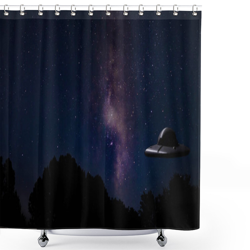 Personality  Bright Milky Way And Stars With A UFO Just Above A Dark Forest Shower Curtains