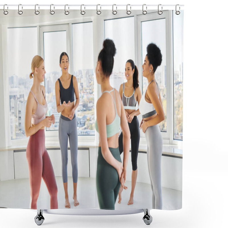 Personality  Group Of Five Happy Multicultural Women Standing In Sportwear And Chatting Before Pilates Class Shower Curtains