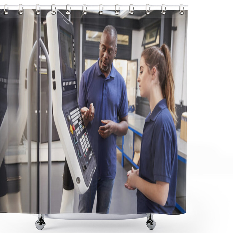 Personality  Engineer Showing Apprentices How To Use CNC Tool  Shower Curtains