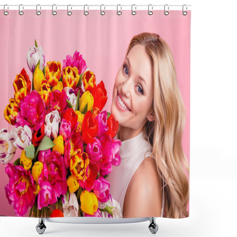 Personality  Portrait Of Pretty Wife Charming Lovely Mother Gorgeous Girlfriend Having Big Bouquet Of Colorful Aromatic Tulips Looking At Camera Isolated On Pink Background Shower Curtains