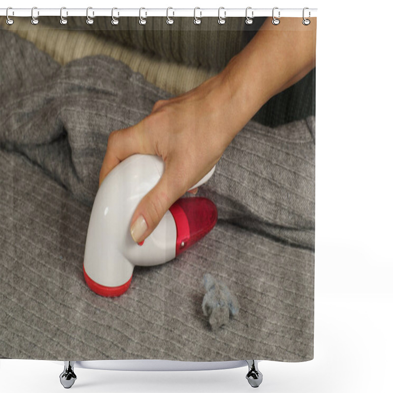 Personality  Removing Lint (pilling) From The Sweater. Feminine Hand And Device For Removing Them. Shower Curtains